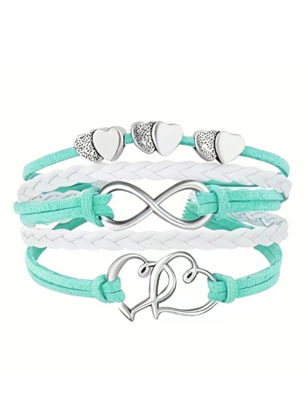 Mint Green & White Leather Multi Layer Double Heart Infinity Bracelet